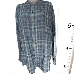 Caribbean Blue Plaid Linen Button Down Shirt XL Women's